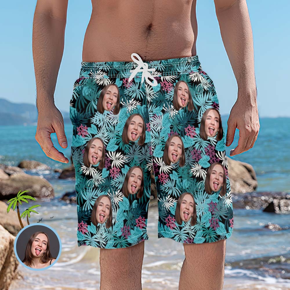 Men's Custom Face Beach Trunks Photo Shorts - Rainforest - FaceBoxerUK