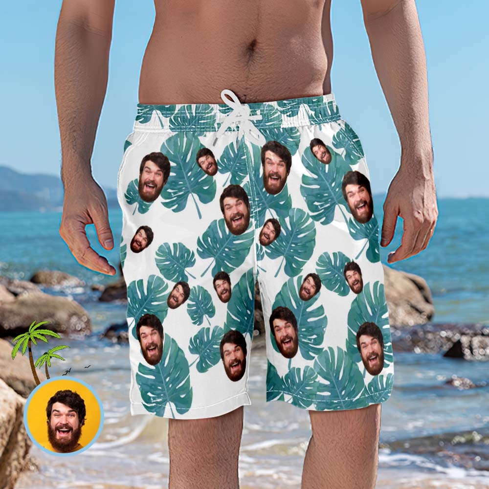Men's Custom Face Beach Trunks Photo Shorts - Green Leaves - FaceBoxerUK