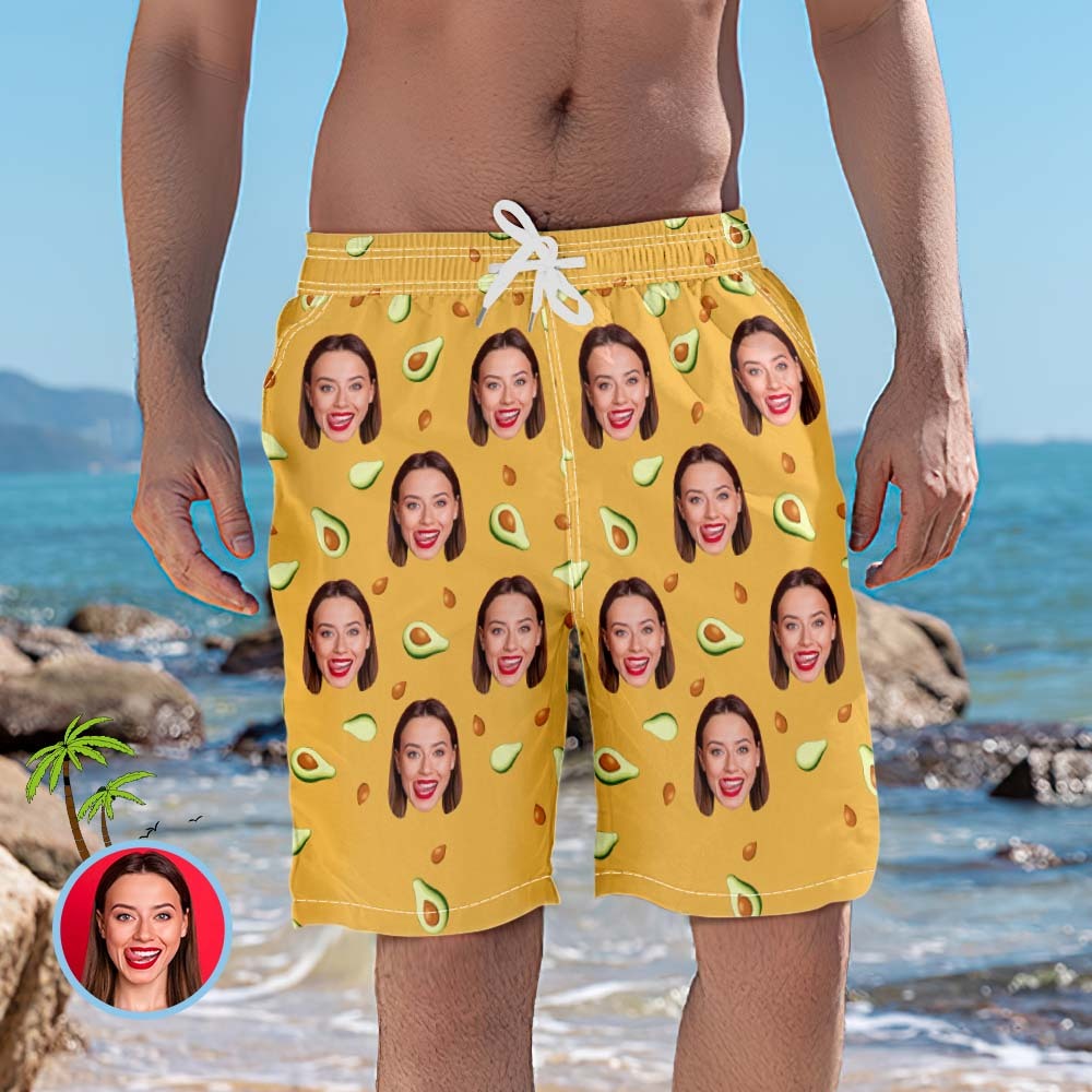 Men's Custom Face Beach Trunks Photo Shorts - Avocado - FaceBoxerUK