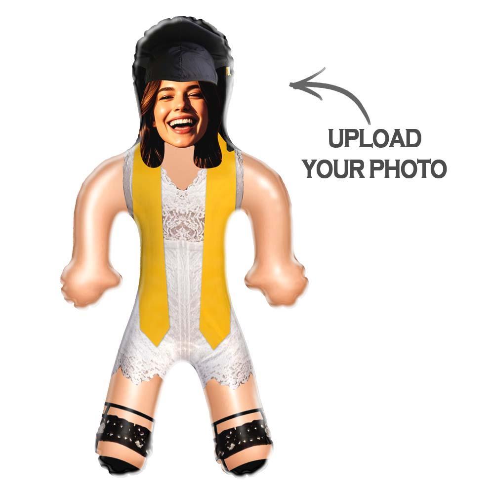 Custom Face Inflatable Grad Doll White Dress with Yellow Stole Personalized Graduation Air Minime Doll - FaceBoxerUK