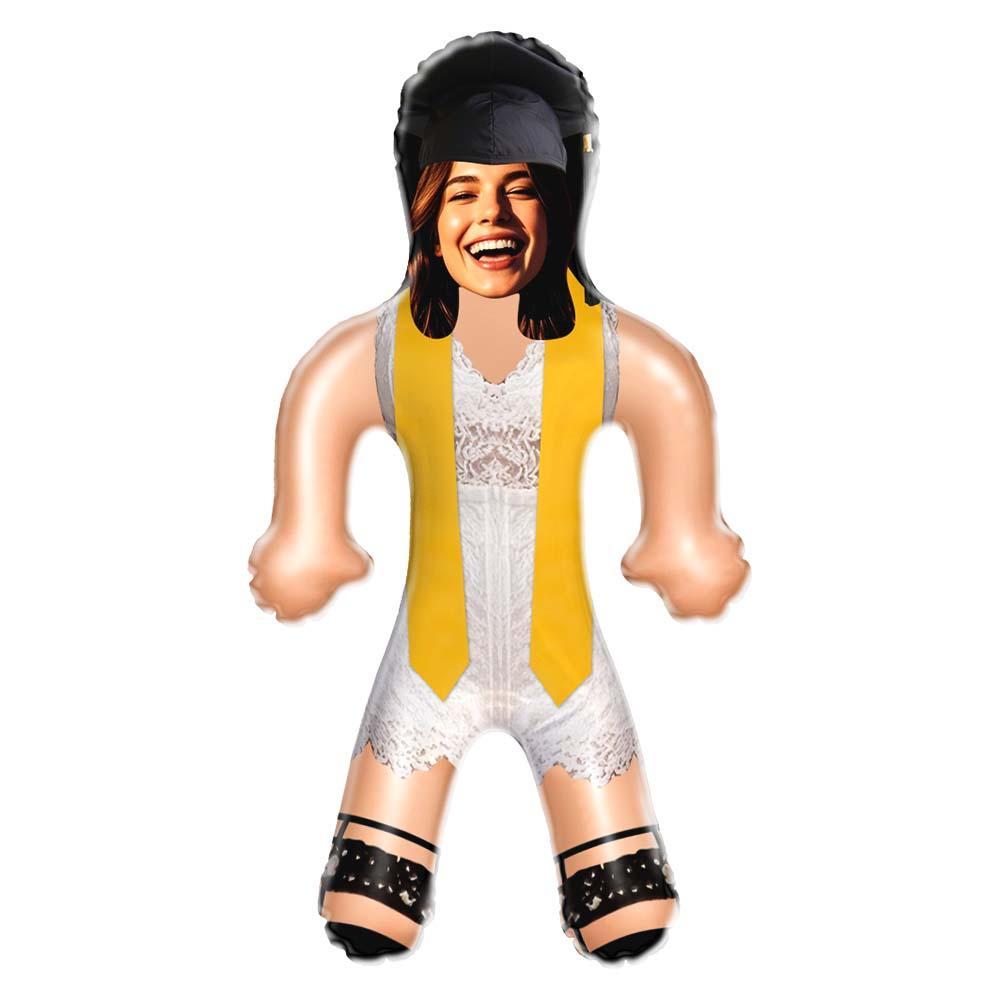 Custom Face Inflatable Grad Doll White Dress with Yellow Stole Personalized Graduation Air Minime Doll - FaceBoxerUK