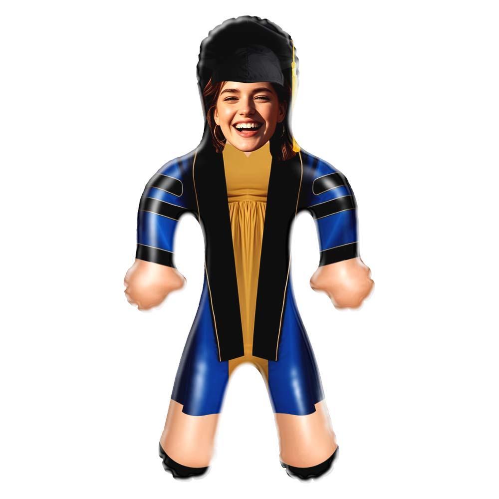 Face Blow Up Doll Blue and Gold Graduation Air Minime Custom Inflatable Face Doll - FaceBoxerUK