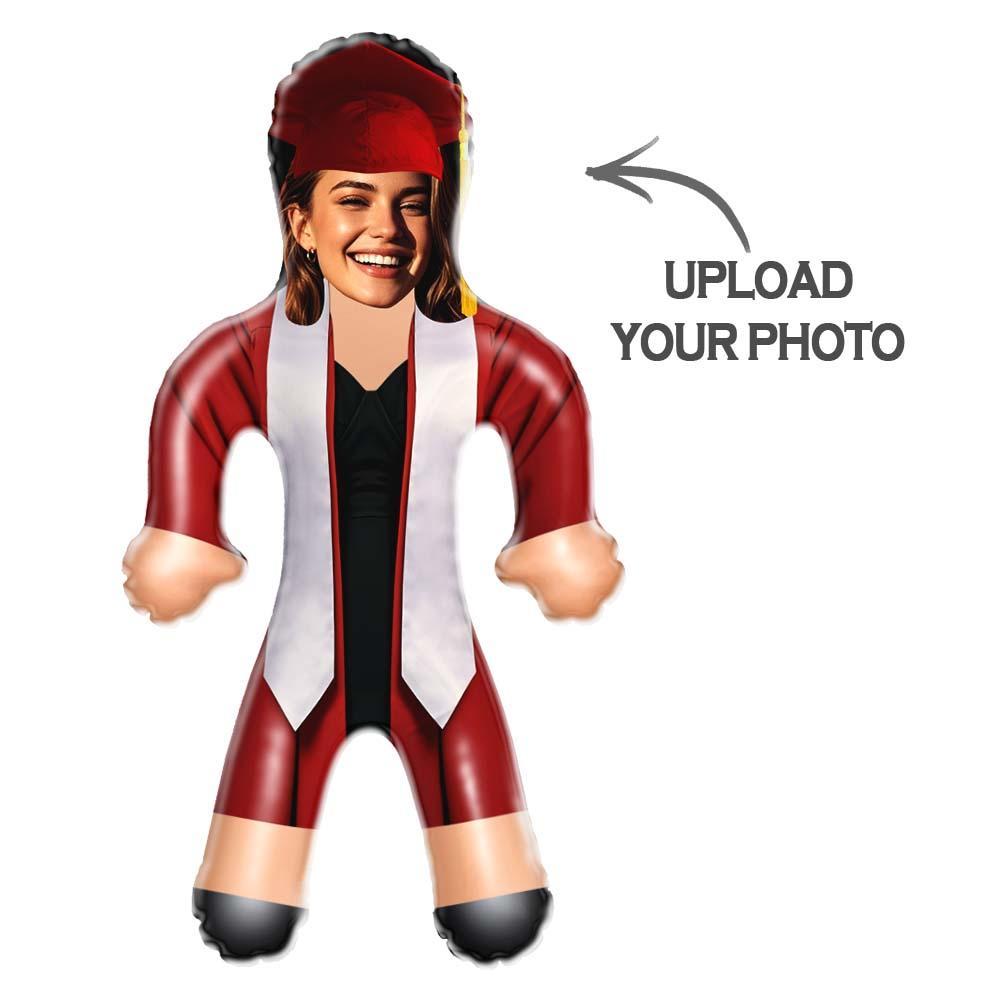 Custom Inflatable Doll Red Gown & Pirate Hat Style Graduation Personalized Face Air Minime Doll - FaceBoxerUK