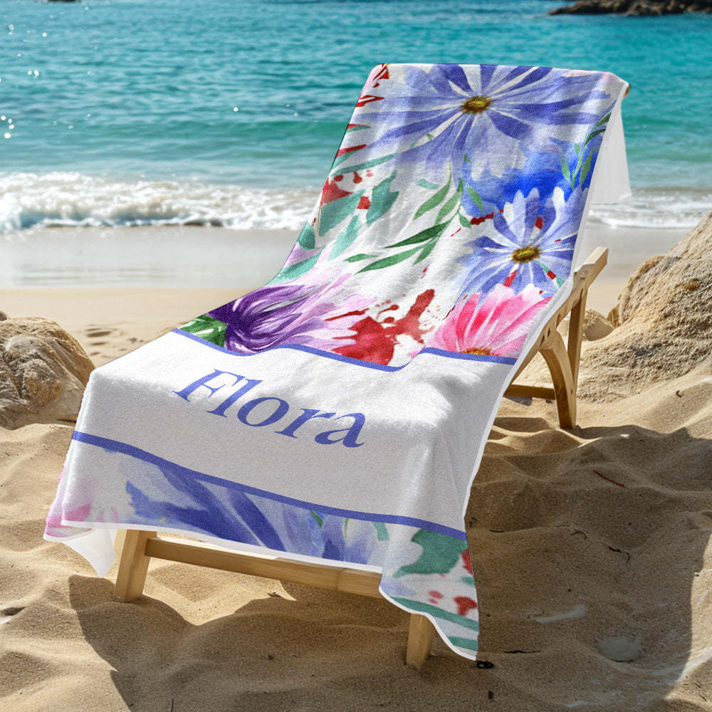 Personalized Watercolor Flower Beach Towel with Name Beach Accessories Gift for Her - FaceBoxerUK