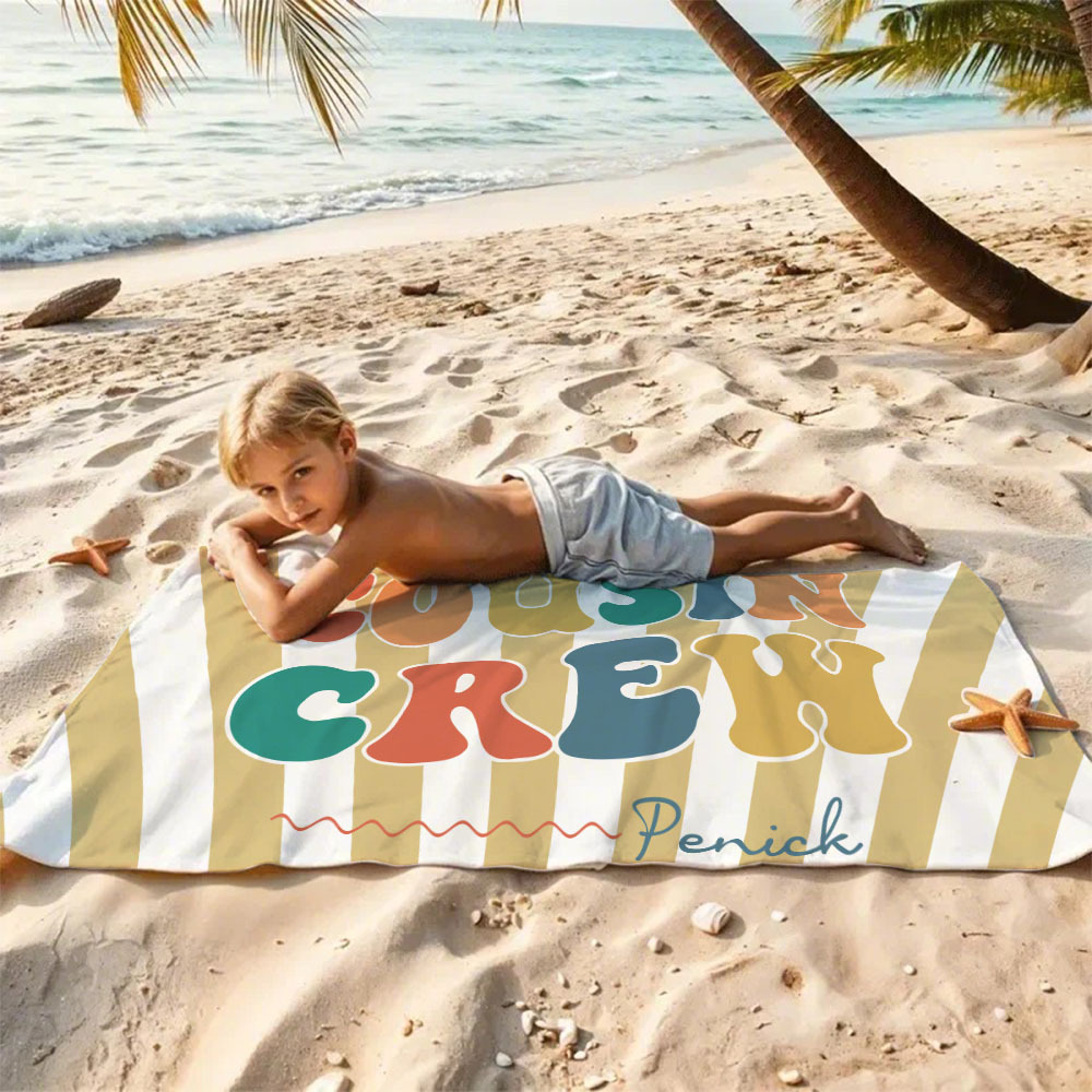 Personalized Cousin Beach Towel, Kids Custom Name Pool Towel, Cousin Vacation Crew Gift, Cousin Family Reunion Gift - FaceBoxerUK