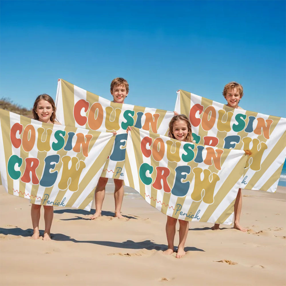 Personalized Cousin Beach Towel, Kids Custom Name Pool Towel, Cousin Vacation Crew Gift, Cousin Family Reunion Gift - FaceBoxerUK
