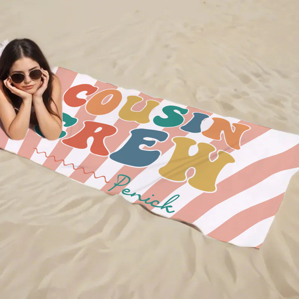Personalized Cousin Beach Towel, Kids Custom Name Pool Towel, Cousin Vacation Crew Gift, Cousin Family Reunion Gift - FaceBoxerUK