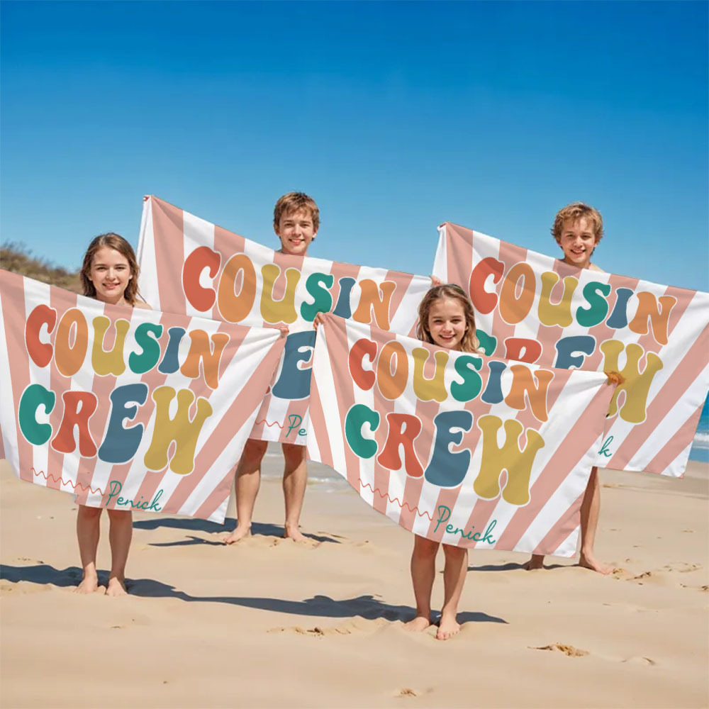 Personalized Cousin Beach Towel, Kids Custom Name Pool Towel, Cousin Vacation Crew Gift, Cousin Family Reunion Gift - FaceBoxerUK