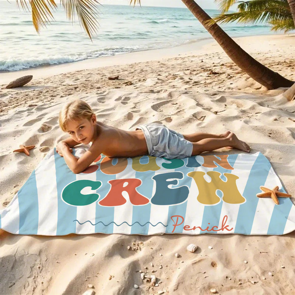 Personalized Cousin Beach Towel, Kids Custom Name Pool Towel, Cousin Vacation Crew Gift, Cousin Family Reunion Gift - FaceBoxerUK