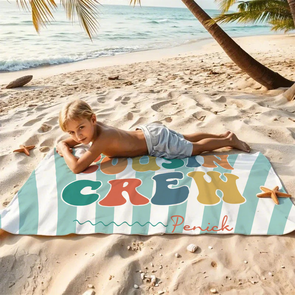 Personalized Cousin Beach Towel, Kids Custom Name Pool Towel, Cousin Vacation Crew Gift, Cousin Family Reunion Gift - FaceBoxerUK