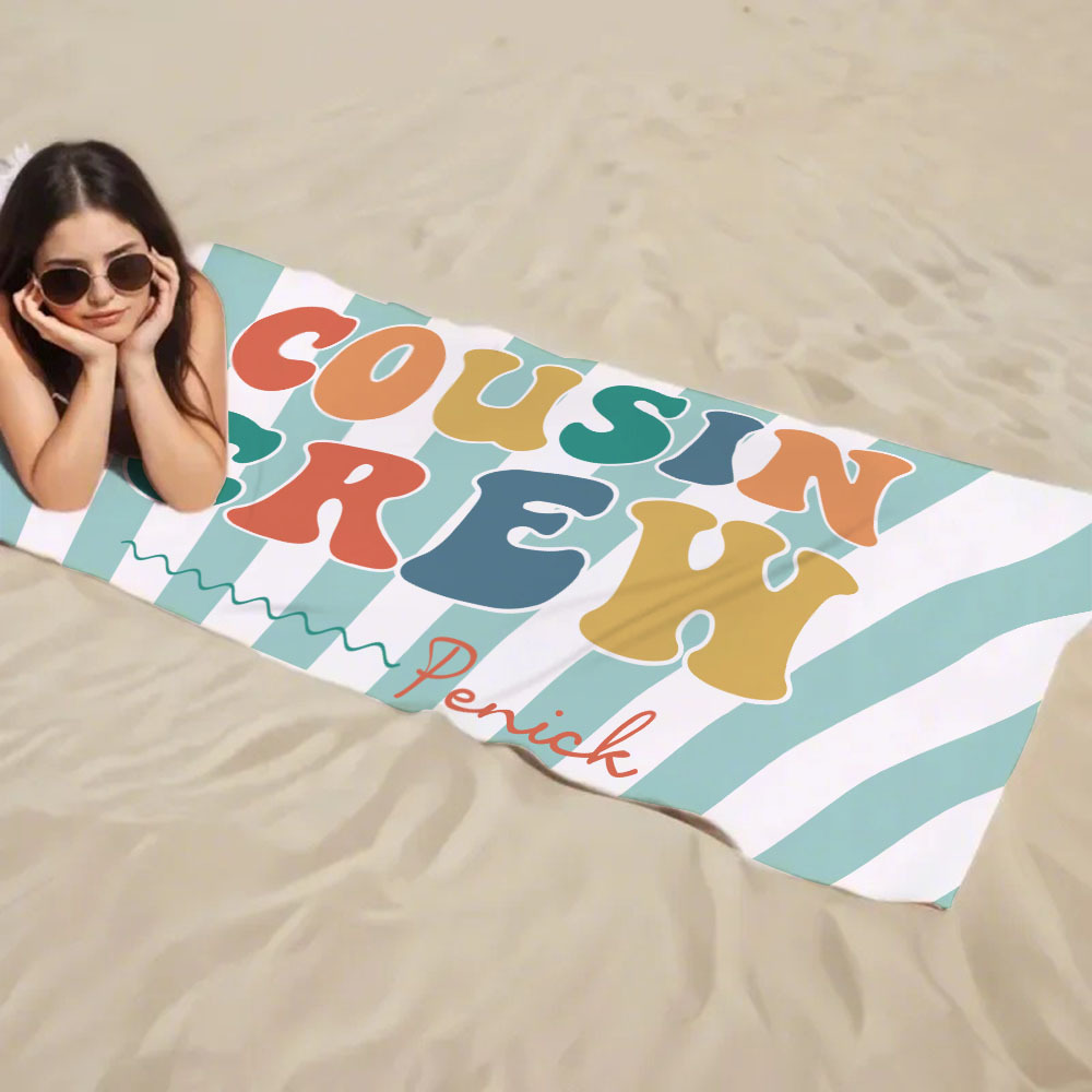 Personalized Cousin Beach Towel, Kids Custom Name Pool Towel, Cousin Vacation Crew Gift, Cousin Family Reunion Gift - FaceBoxerUK