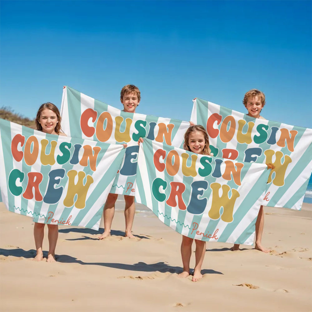 Personalized Cousin Beach Towel, Kids Custom Name Pool Towel, Cousin Vacation Crew Gift, Cousin Family Reunion Gift - FaceBoxerUK