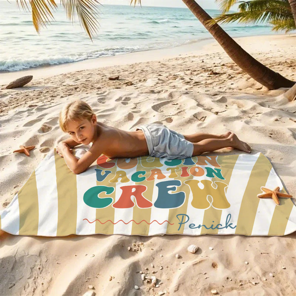 Personalized Cousin Beach Towel, Kids Custom Name Pool Towel, Cousin Vacation Crew Gift, Cousin Family Reunion Gift - FaceBoxerUK