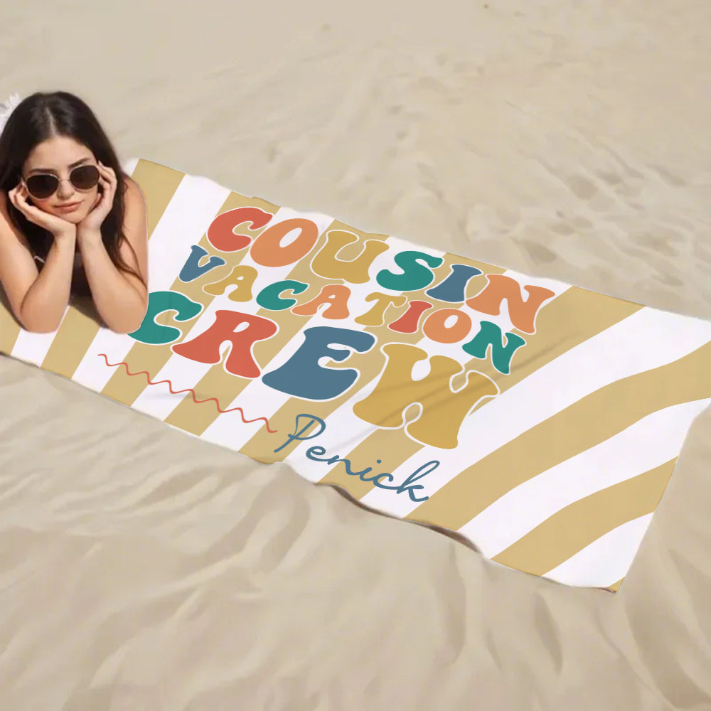 Personalized Cousin Beach Towel, Kids Custom Name Pool Towel, Cousin Vacation Crew Gift, Cousin Family Reunion Gift - FaceBoxerUK