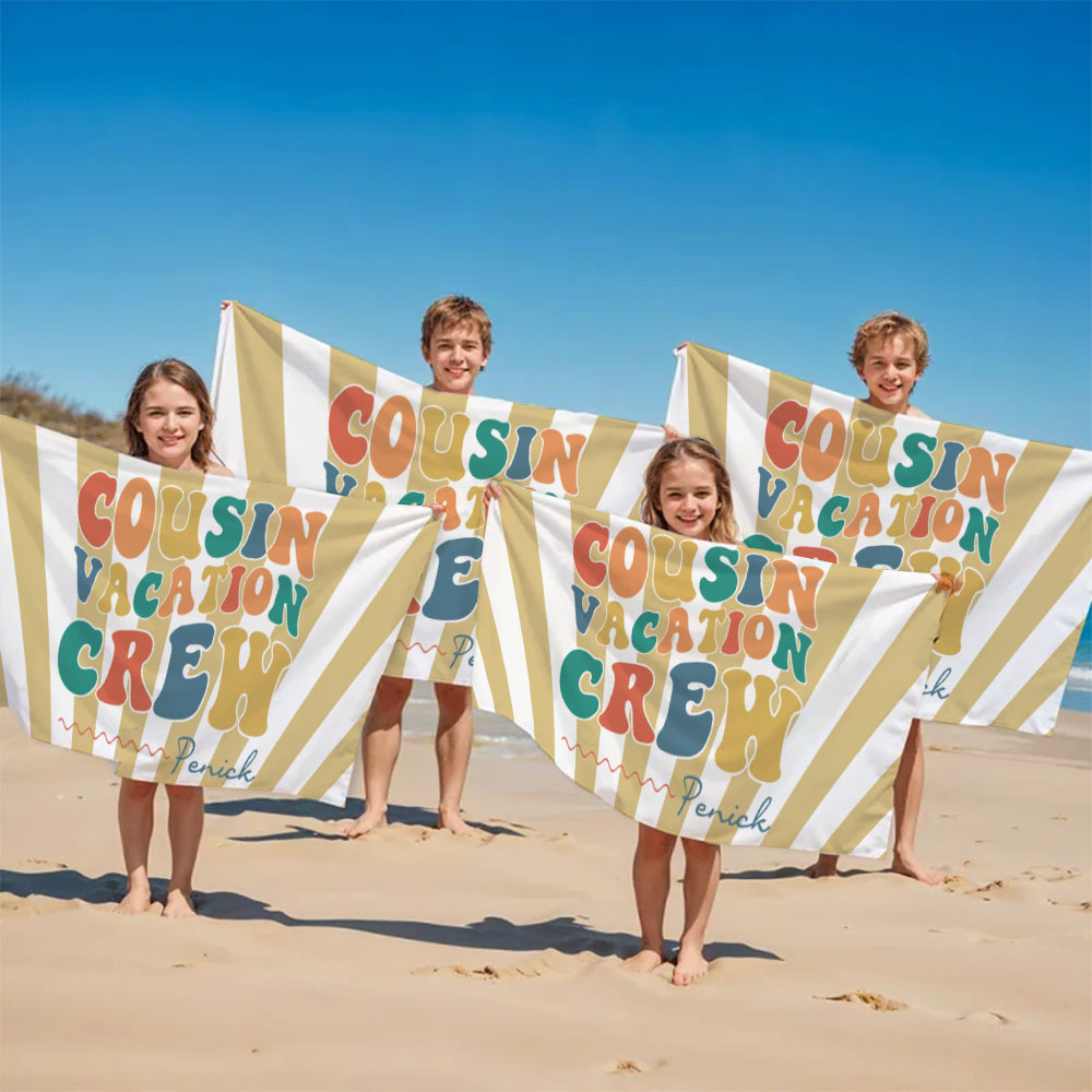 Personalized Cousin Beach Towel, Kids Custom Name Pool Towel, Cousin Vacation Crew Gift, Cousin Family Reunion Gift - FaceBoxerUK