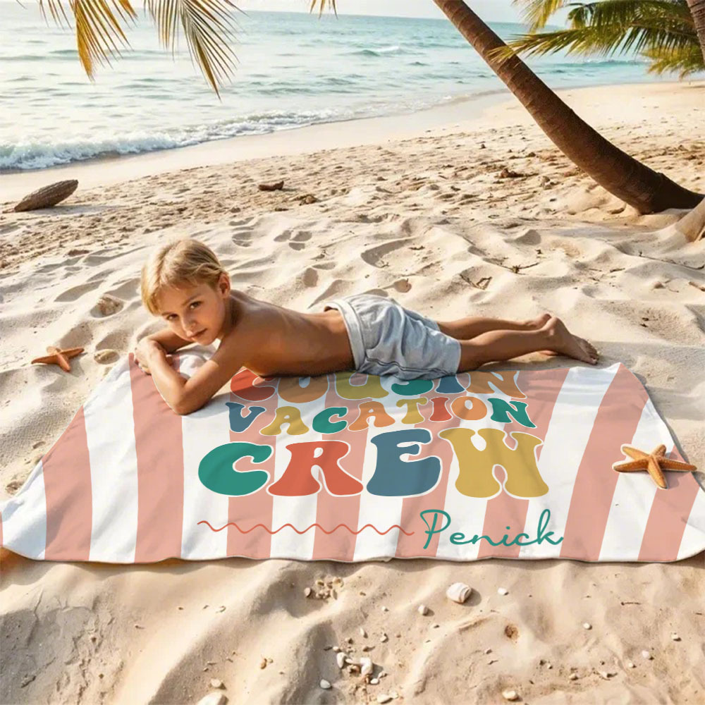 Personalized Cousin Beach Towel, Kids Custom Name Pool Towel, Cousin Vacation Crew Gift, Cousin Family Reunion Gift - FaceBoxerUK