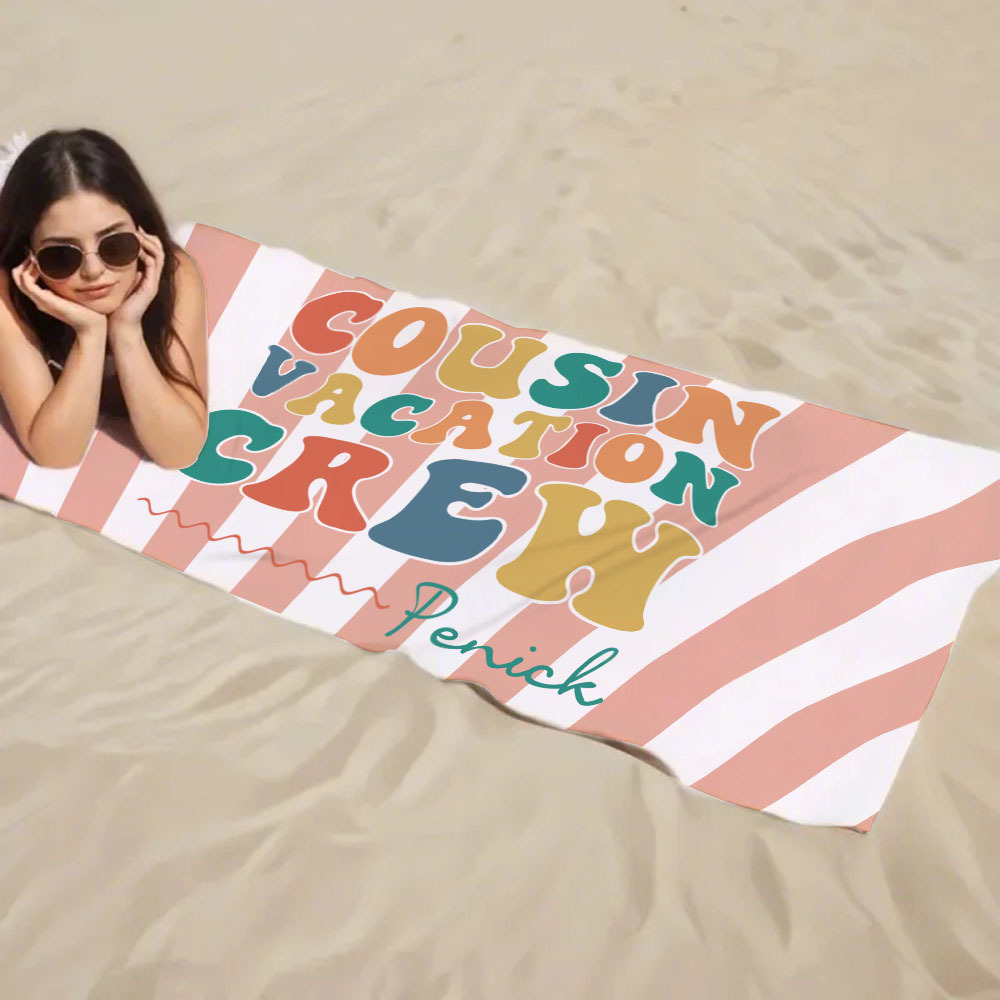 Personalized Cousin Beach Towel, Kids Custom Name Pool Towel, Cousin Vacation Crew Gift, Cousin Family Reunion Gift - FaceBoxerUK