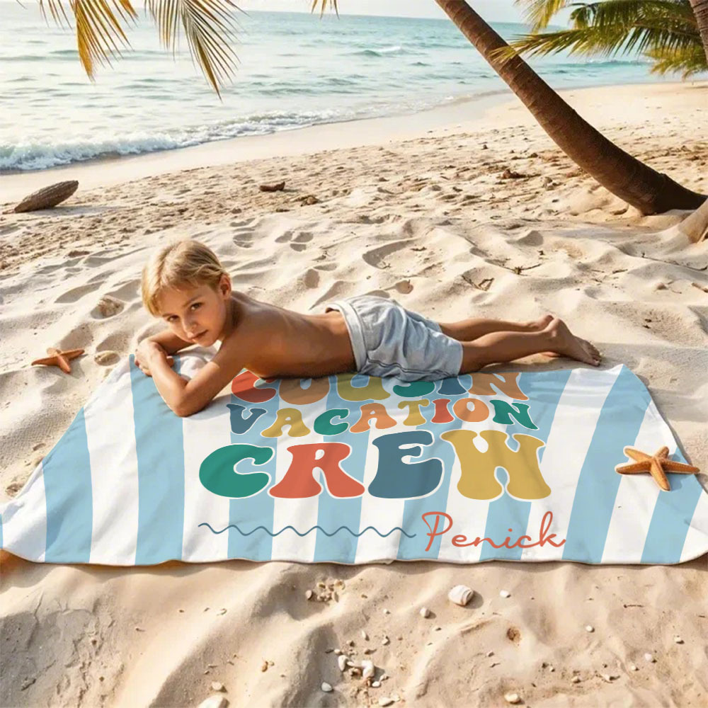 Personalized Cousin Beach Towel, Kids Custom Name Pool Towel, Cousin Vacation Crew Gift, Cousin Family Reunion Gift - FaceBoxerUK