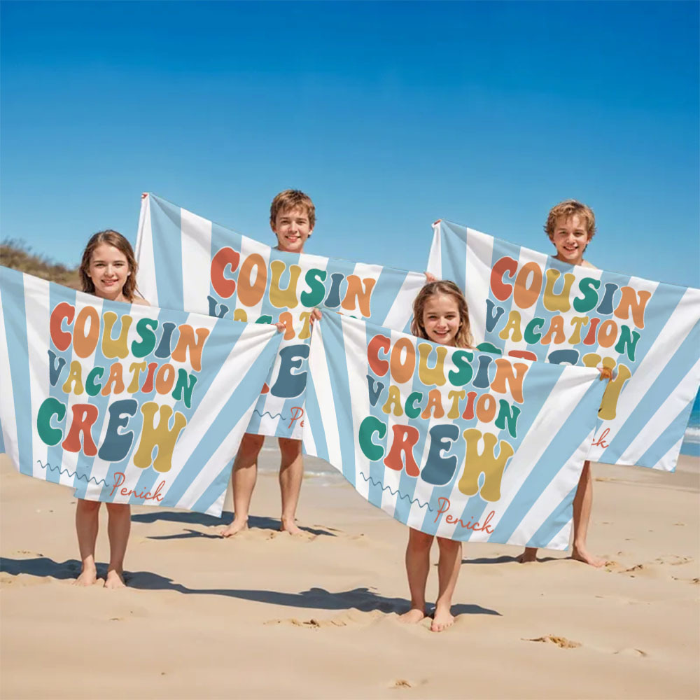 Personalized Cousin Beach Towel, Kids Custom Name Pool Towel, Cousin Vacation Crew Gift, Cousin Family Reunion Gift - FaceBoxerUK