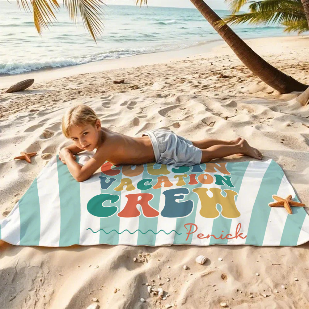 Personalized Cousin Beach Towel, Kids Custom Name Pool Towel, Cousin Vacation Crew Gift, Cousin Family Reunion Gift - FaceBoxerUK