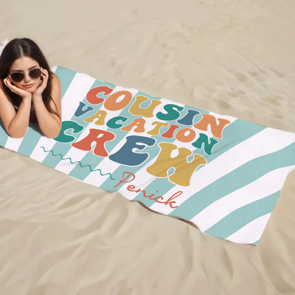 Personalized Cousin Beach Towel, Kids Custom Name Pool Towel, Cousin Vacation Crew Gift, Cousin Family Reunion Gift - FaceBoxerUK