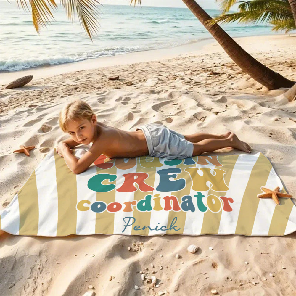Personalized Cousin Beach Towel, Kids Custom Name Pool Towel, Cousin Vacation Crew Gift, Cousin Family Reunion Gift - FaceBoxerUK