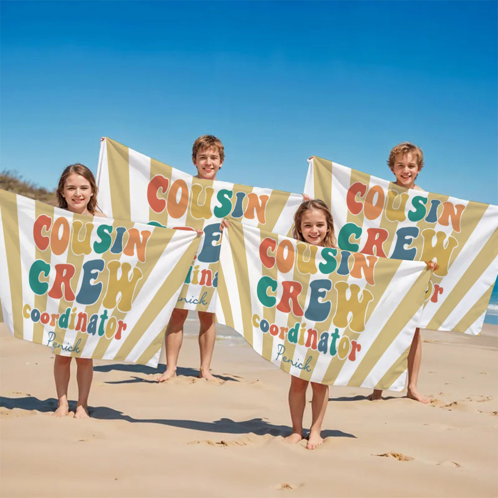 Personalized Cousin Beach Towel, Kids Custom Name Pool Towel, Cousin Vacation Crew Gift, Cousin Family Reunion Gift - FaceBoxerUK