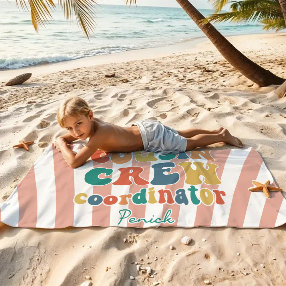 Personalized Cousin Beach Towel, Kids Custom Name Pool Towel, Cousin Vacation Crew Gift, Cousin Family Reunion Gift - FaceBoxerUK
