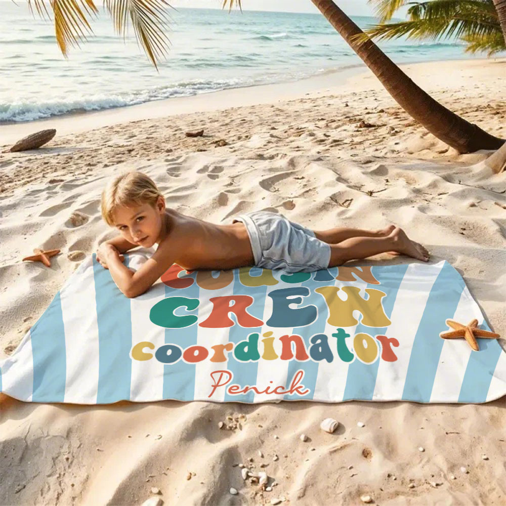 Personalized Cousin Beach Towel, Kids Custom Name Pool Towel, Cousin Vacation Crew Gift, Cousin Family Reunion Gift - FaceBoxerUK