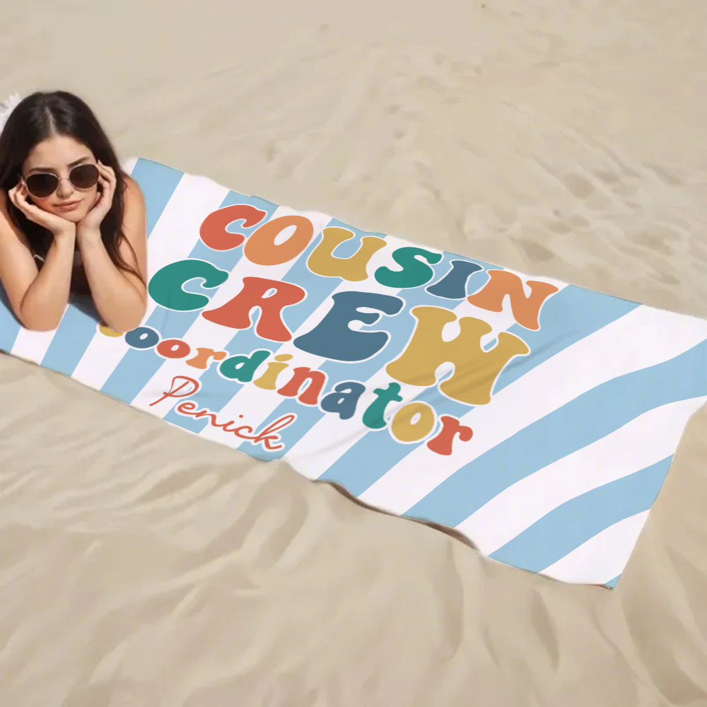Personalized Cousin Beach Towel, Kids Custom Name Pool Towel, Cousin Vacation Crew Gift, Cousin Family Reunion Gift - FaceBoxerUK