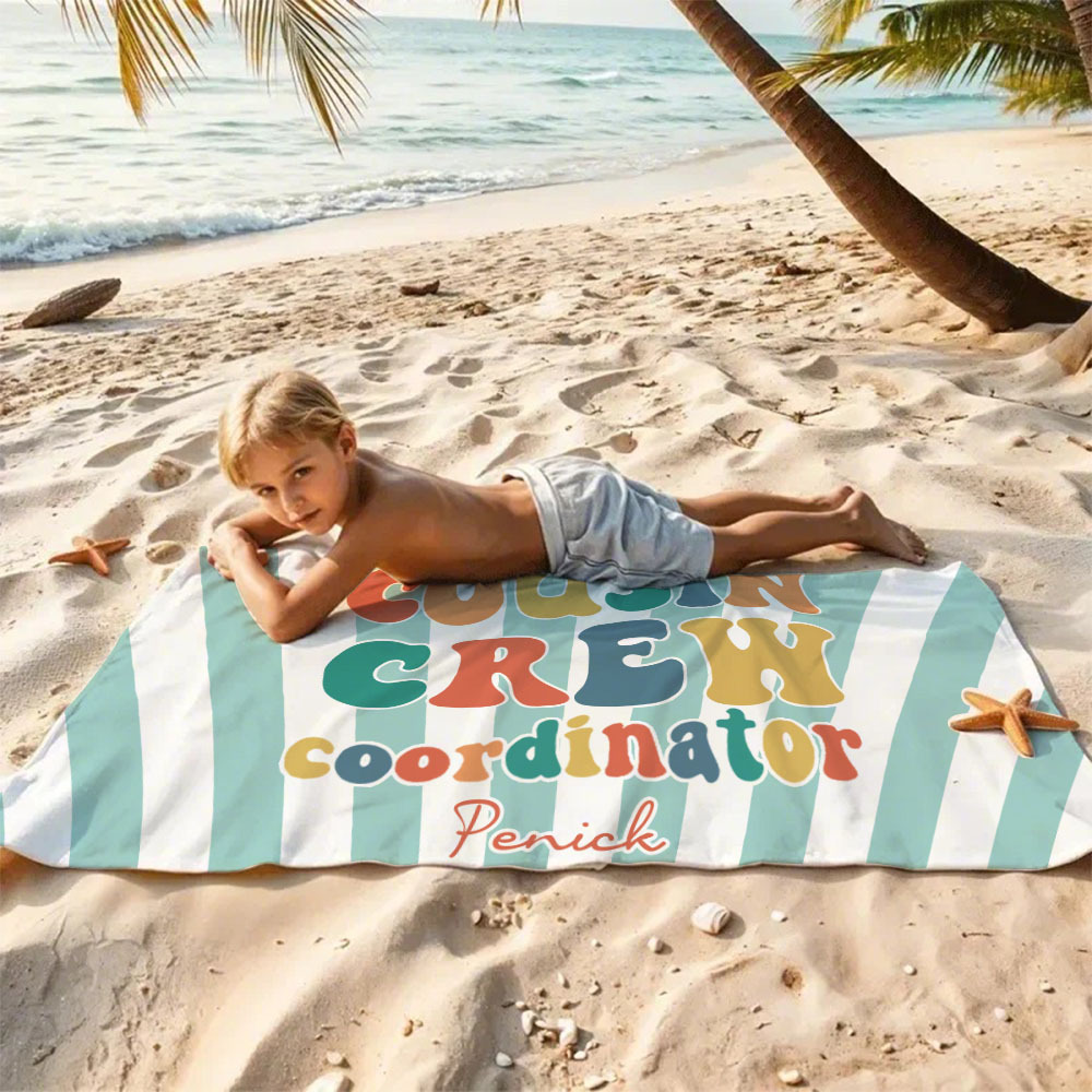 Personalized Cousin Beach Towel, Kids Custom Name Pool Towel, Cousin Vacation Crew Gift, Cousin Family Reunion Gift - FaceBoxerUK