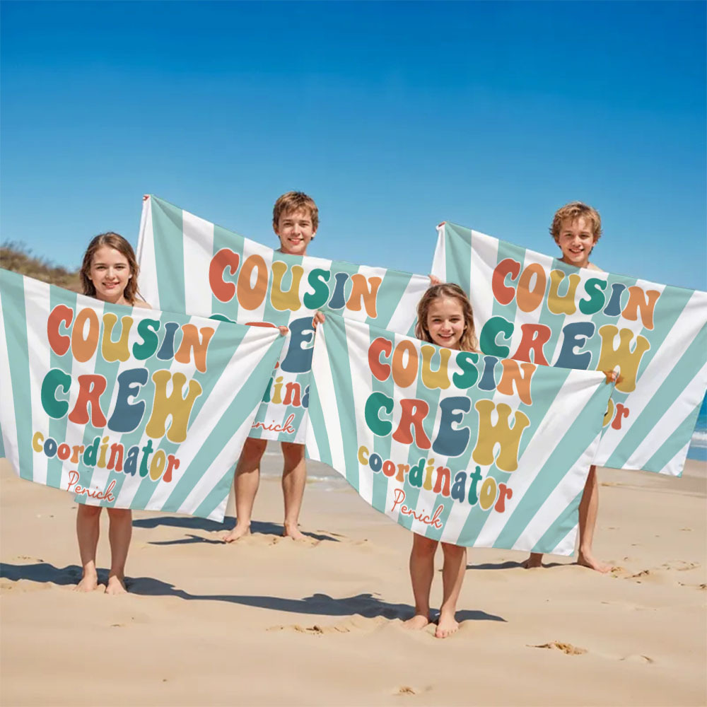 Personalized Cousin Beach Towel, Kids Custom Name Pool Towel, Cousin Vacation Crew Gift, Cousin Family Reunion Gift - FaceBoxerUK