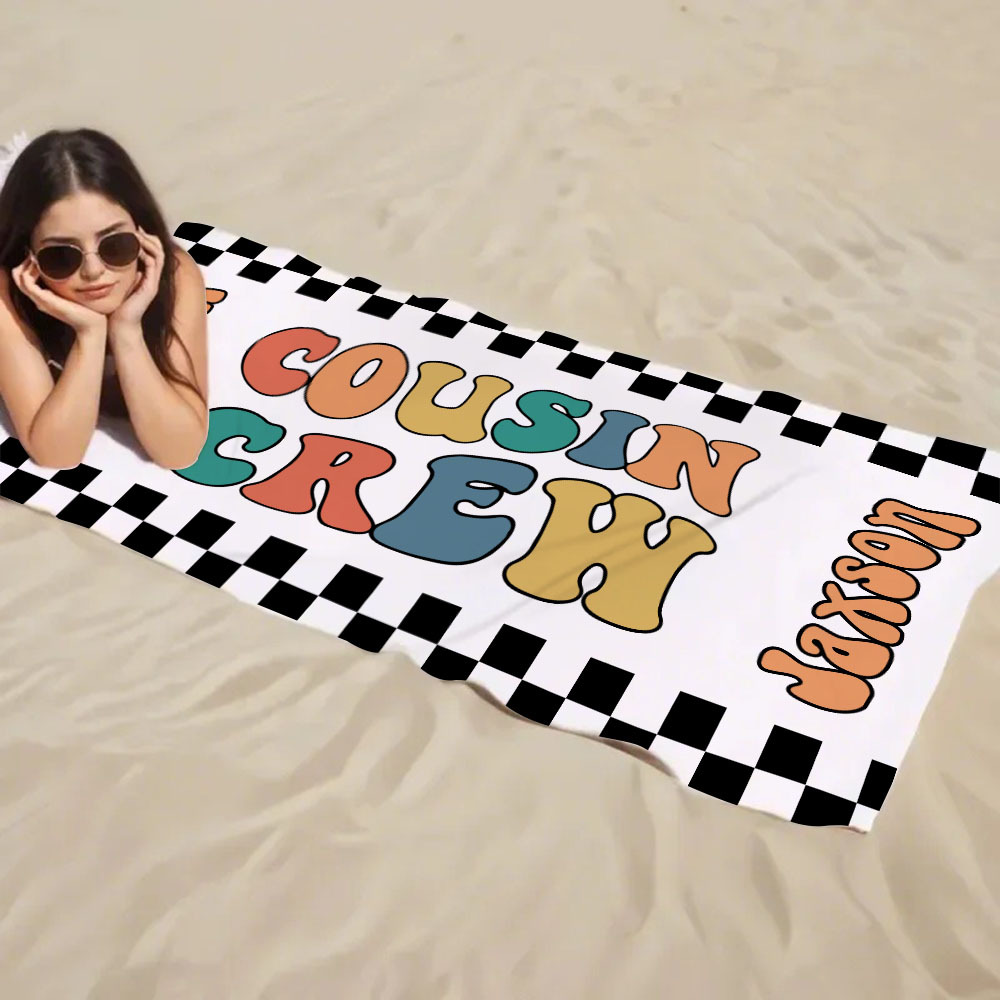 Personalized Cousin Crew Beach Towel, Custom Name Pool Bath Towel, Cousin Family Reunion Gift, Retro Checkered Beach Towel, Cousin Crew Beach Towel - FaceBoxerUK