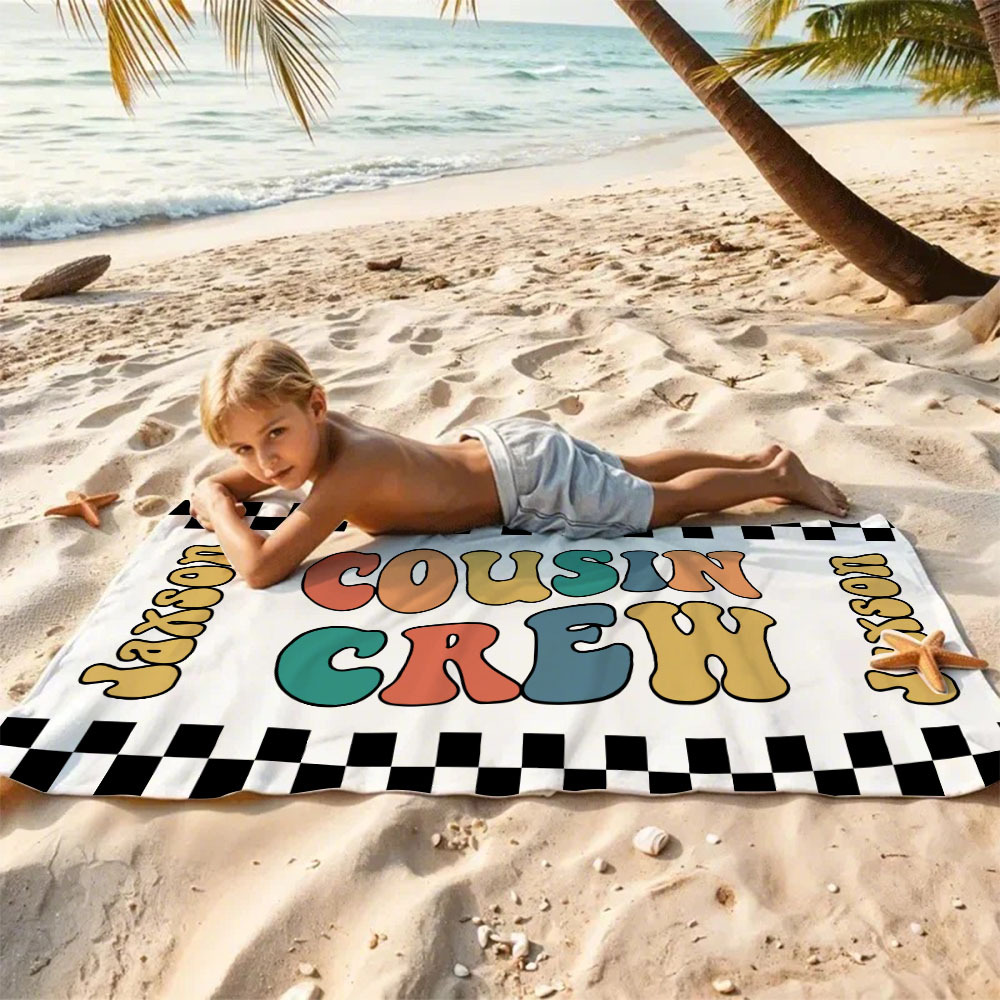 Personalized Cousin Crew Beach Towel, Custom Name Pool Bath Towel, Cousin Family Reunion Gift, Retro Checkered Beach Towel, Cousin Crew Beach Towel - FaceBoxerUK