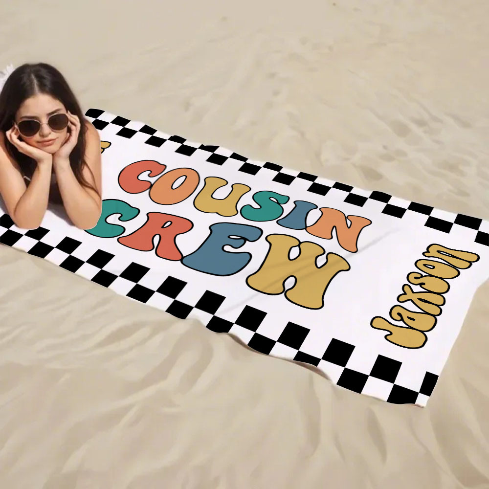 Personalized Cousin Crew Beach Towel, Custom Name Pool Bath Towel, Cousin Family Reunion Gift, Retro Checkered Beach Towel, Cousin Crew Beach Towel - FaceBoxerUK