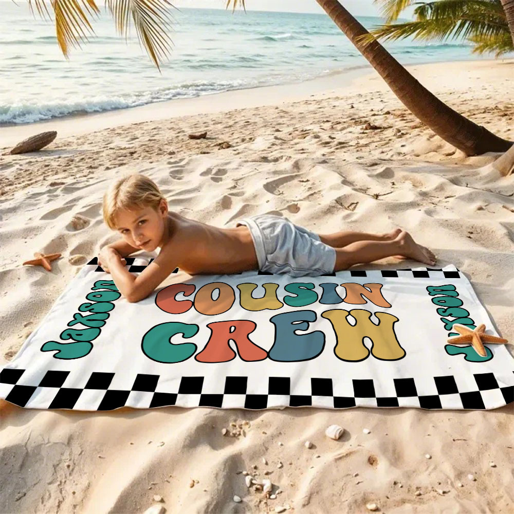 Personalized Cousin Crew Beach Towel, Custom Name Pool Bath Towel, Cousin Family Reunion Gift, Retro Checkered Beach Towel, Cousin Crew Beach Towel - FaceBoxerUK