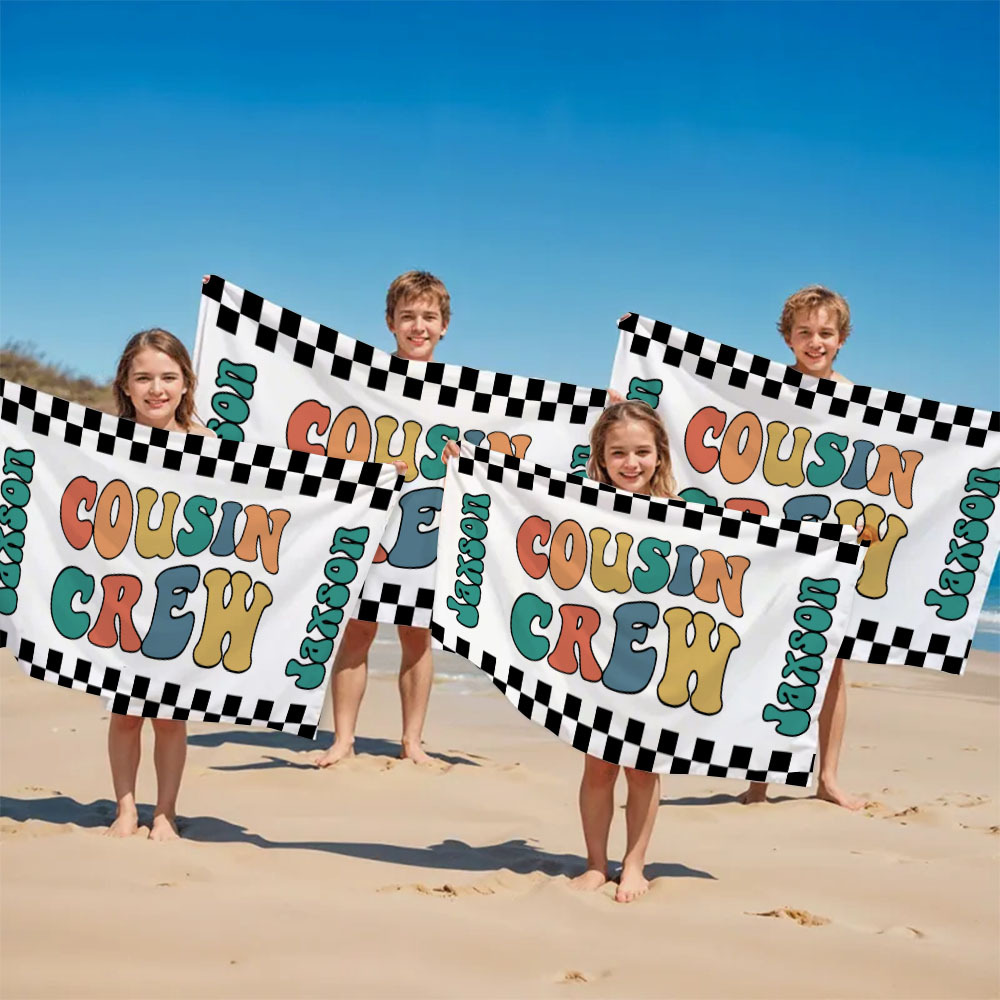 Personalized Cousin Crew Beach Towel, Custom Name Pool Bath Towel, Cousin Family Reunion Gift, Retro Checkered Beach Towel, Cousin Crew Beach Towel - FaceBoxerUK