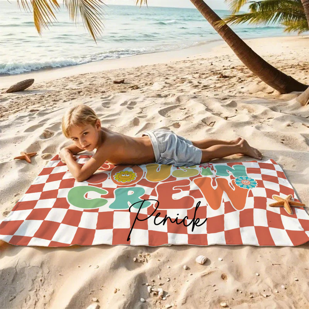 Personalised Cousin Crew Plaid Design Oversized Quick Dry Beach Towel with Name Birthday Summer Vacation Accessory Gift for Kids - FaceBoxerUK