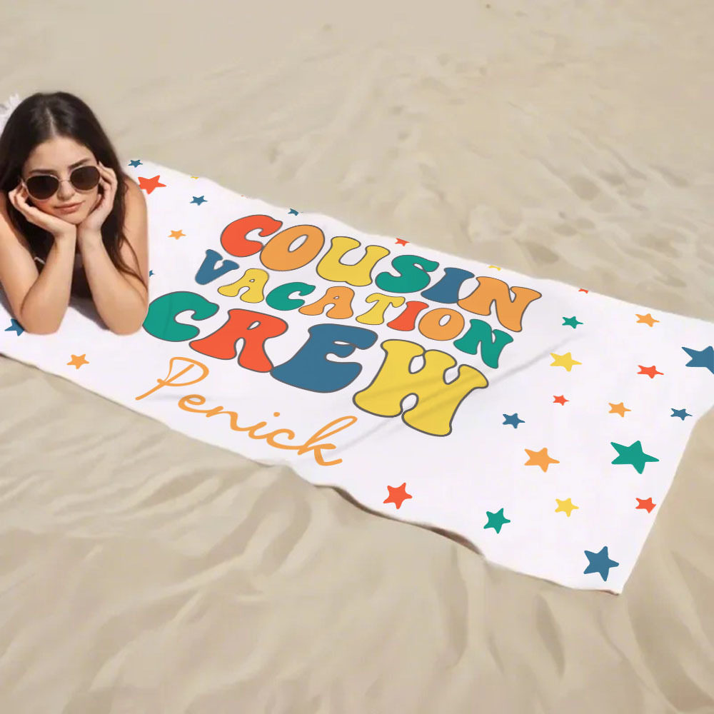 Personalized Cousin Beach Towel, Kids Custom Name Beach Towel, Cousin Vacation Crew Beach Towel Gift, Cousin Family Reunion Gift - FaceBoxerUK