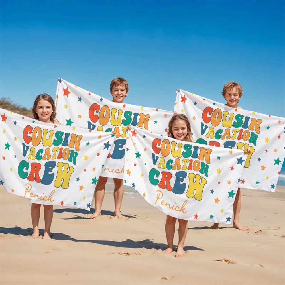 Personalized Cousin Beach Towel, Kids Custom Name Beach Towel, Cousin Vacation Crew Beach Towel Gift, Cousin Family Reunion Gift - FaceBoxerUK