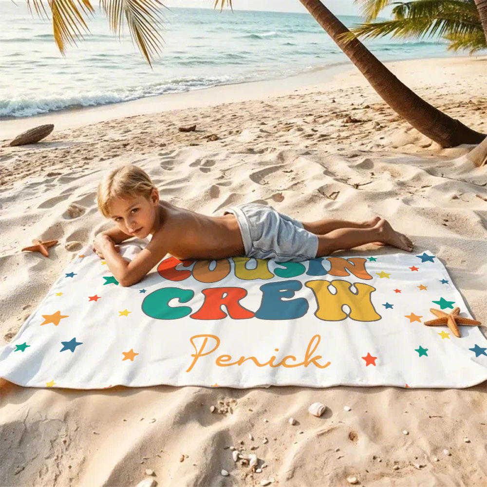 Personalized Cousin Beach Towel, Kids Custom Name Beach Towel, Cousin Vacation Crew Beach Towel Gift, Cousin Family Reunion Gift - FaceBoxerUK