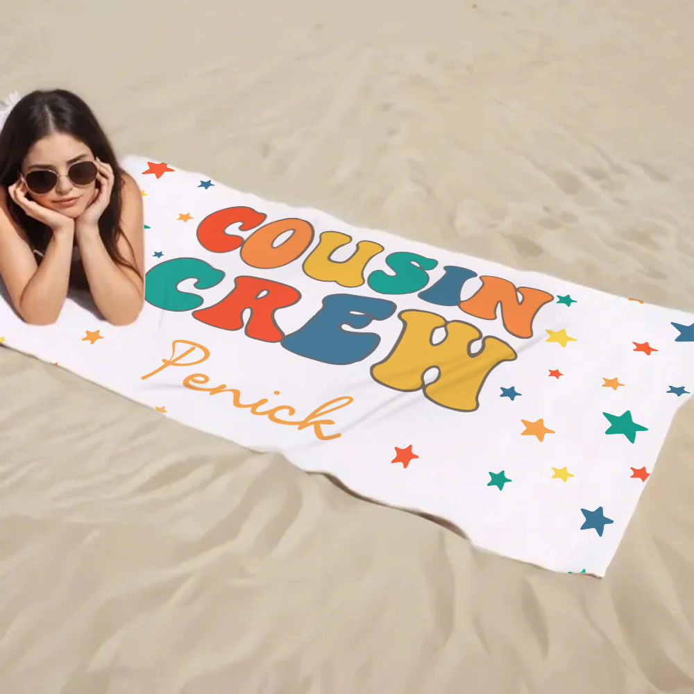 Personalized Cousin Beach Towel, Kids Custom Name Beach Towel, Cousin Vacation Crew Beach Towel Gift, Cousin Family Reunion Gift - FaceBoxerUK