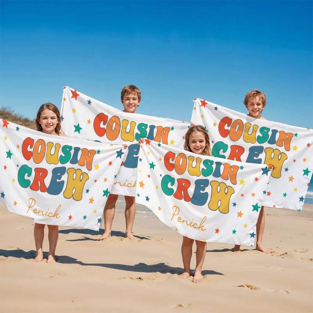 Personalized Cousin Beach Towel, Kids Custom Name Beach Towel, Cousin Vacation Crew Beach Towel Gift, Cousin Family Reunion Gift - FaceBoxerUK