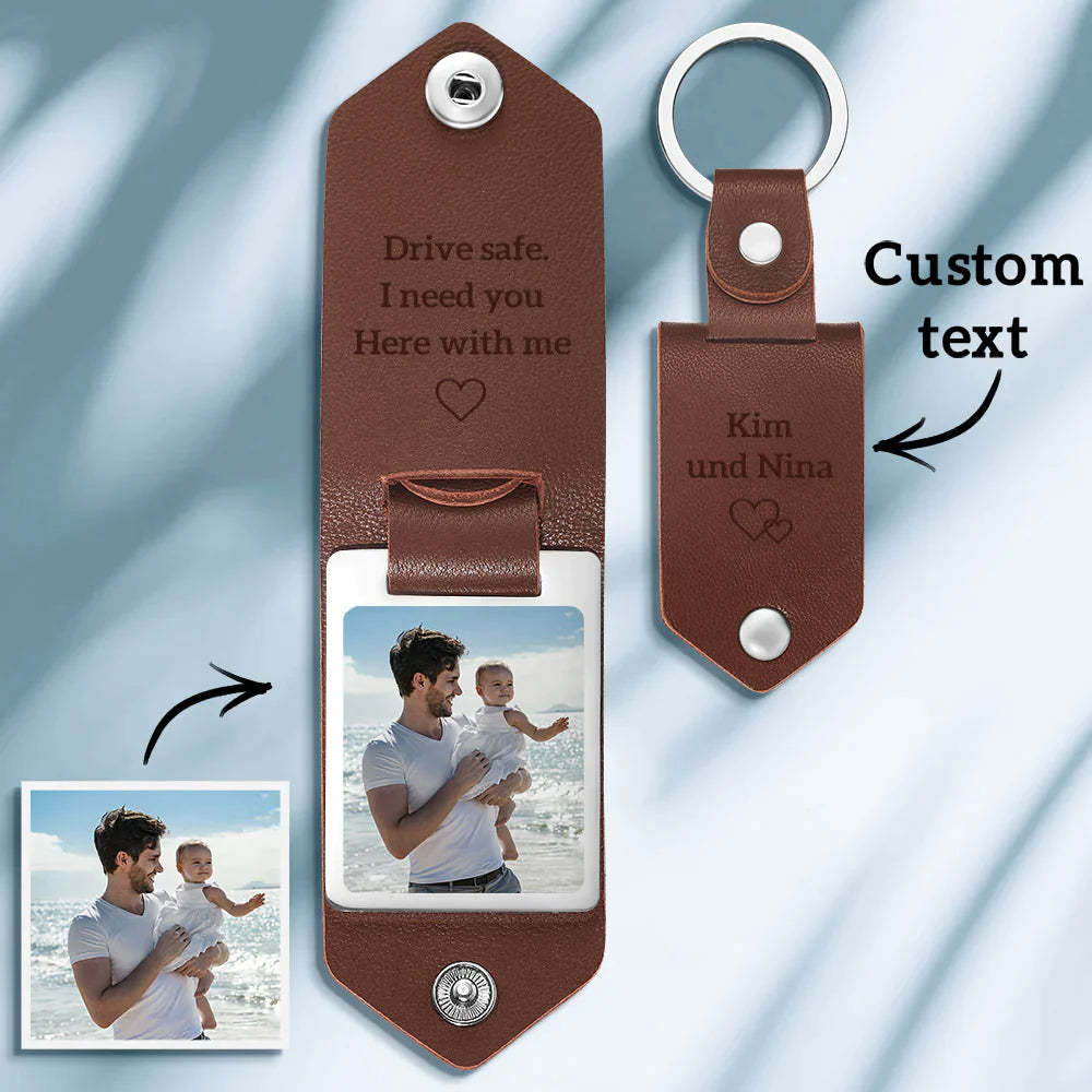 Custom Leather Photo Text Keychain Father's Day Gift - FaceBoxerUK