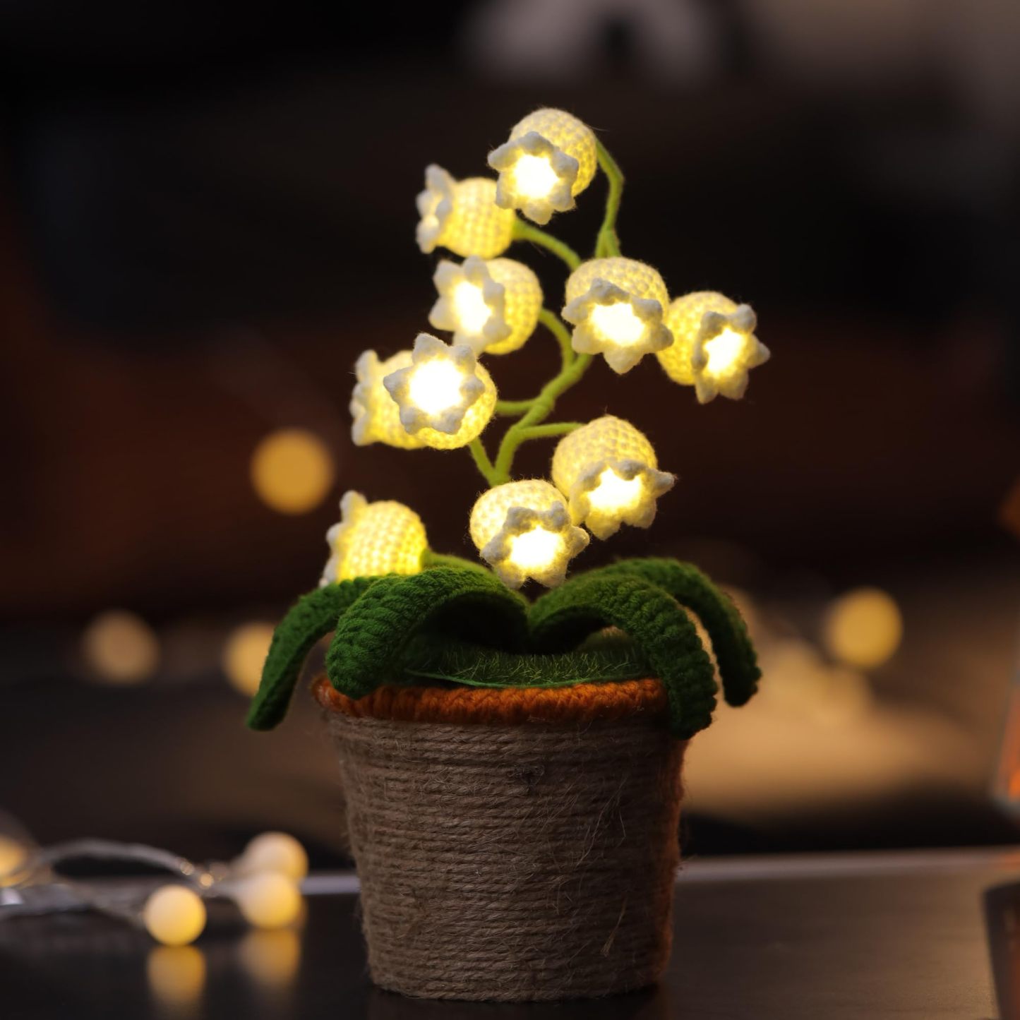 Handmade Crochet Lily of the Valley Flower Lamp | Potted Desk Light | Finished Floral Night Light - FaceBoxerUK