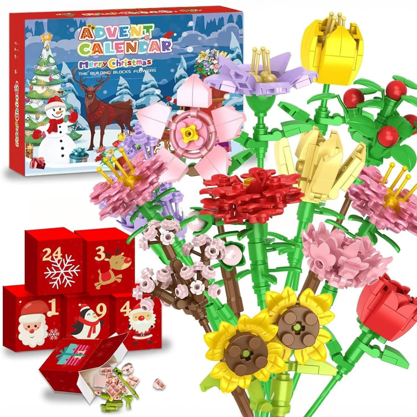 24 Days of Christmas Flower Bouquet Advent Calendar Building Blocks Christmas Countdown Blind Box - FaceBoxerUK