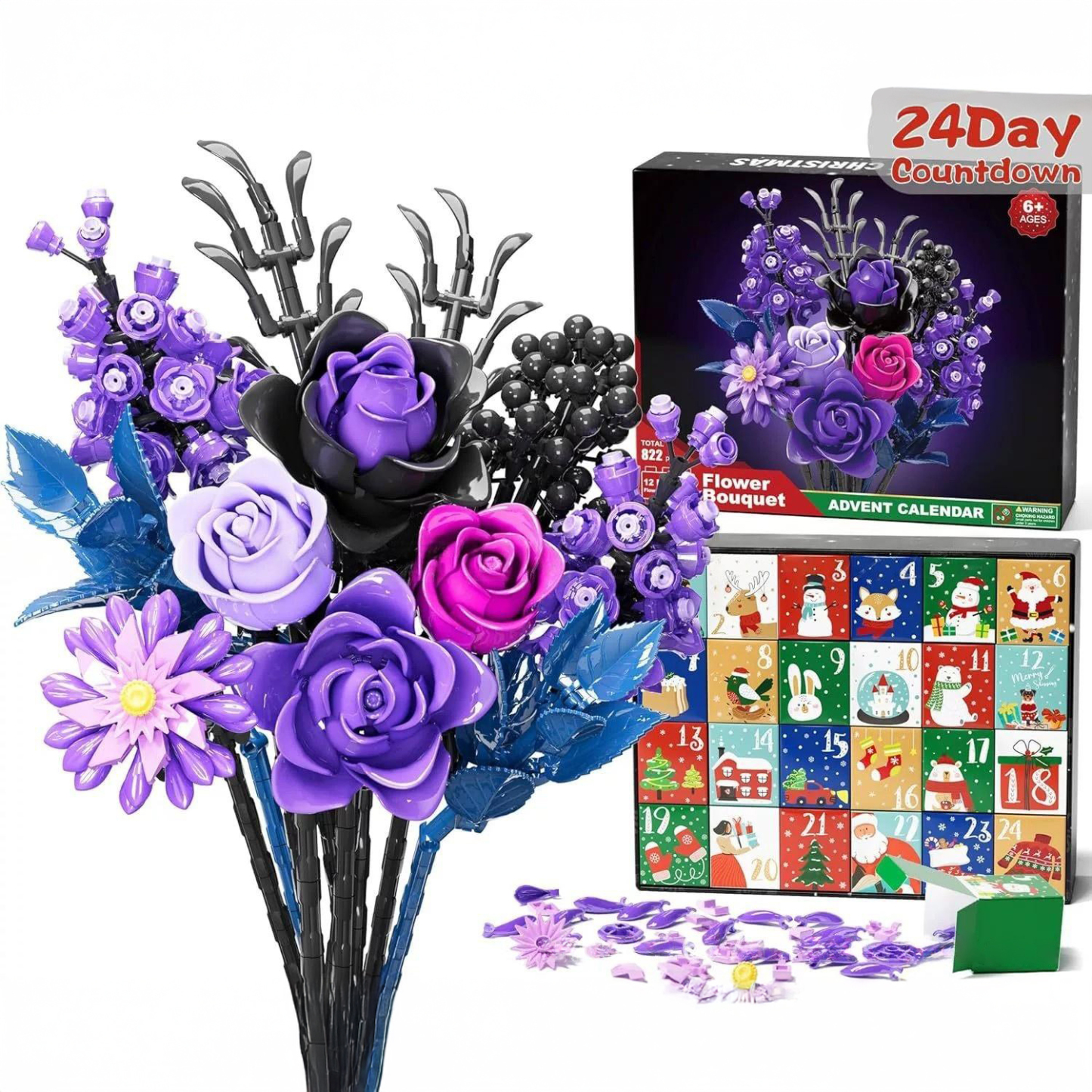 24 Days of Christmas Flower Bouquet Advent Calendar Building Blocks Christmas Countdown Blind Box - FaceBoxerUK
