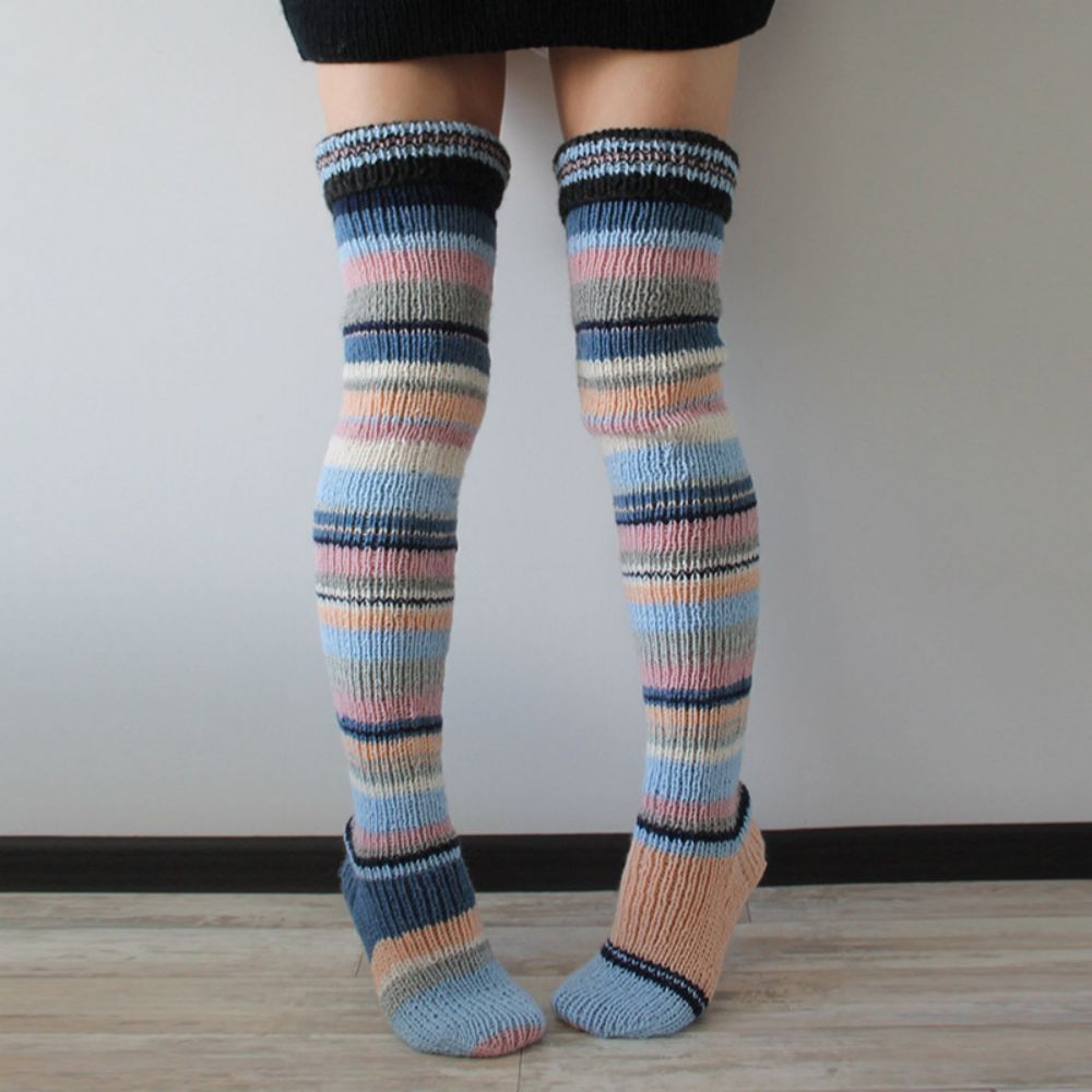 Women Winter Leg Warmers Striped Over The Knee Knitted Pile Socks - FaceBoxerUK