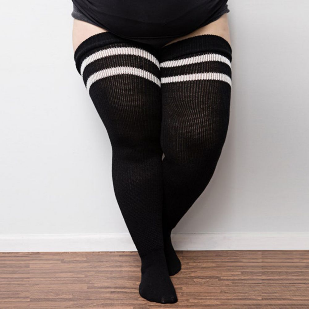 Women Winter Leg Warmers Large Size Three Bars Striped Fashion Long Tube Over Knee Pile Socks - FaceBoxerUK