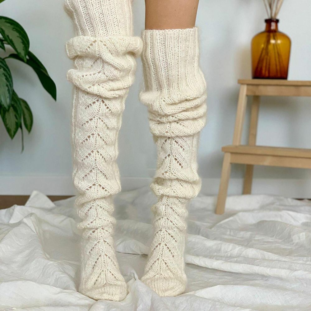 Winter Solid Color Hollow Mesh Long Tube Over The Knee Pile Socks Womens Knitted Socks - FaceBoxerUK